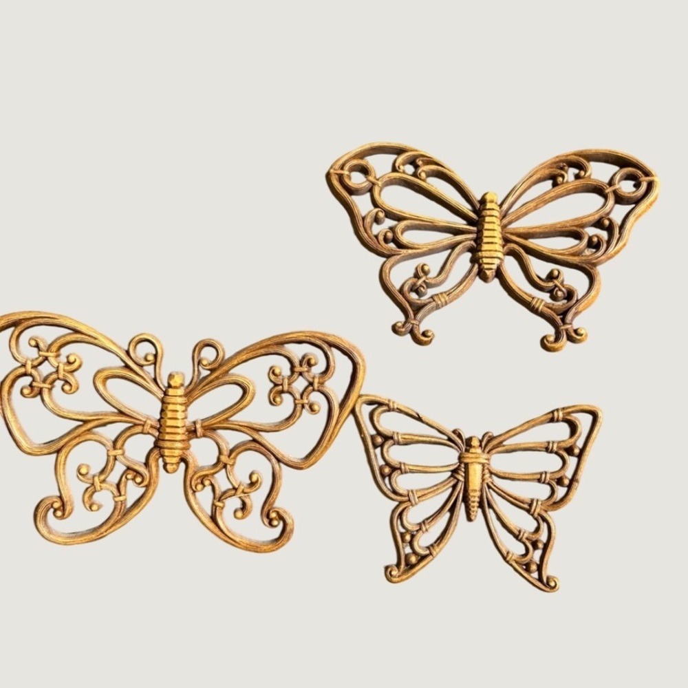 Homco Butterfly Wall Decor Set 3 Brown Syroco MCM 7537 Vintage Boho Cottagecore